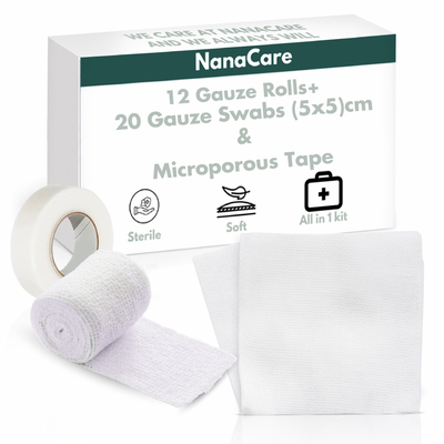 12 Gauze Rolls 7.5cm x 4m + 20 Gauze Swabs 5x5cm + Micropore Medical Tape